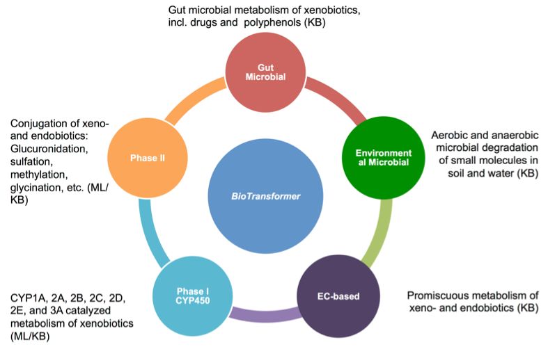 Fig. 1 An overview of BioTransformer’s five metabolism prediction modules, the EC-based, CYP450, phase II, human gut microbial, and environmental biotransformer modules.
